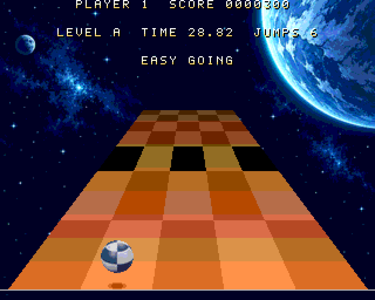 Starwake Trail: the ball jumping above a chequered track against a blue planet backdrop