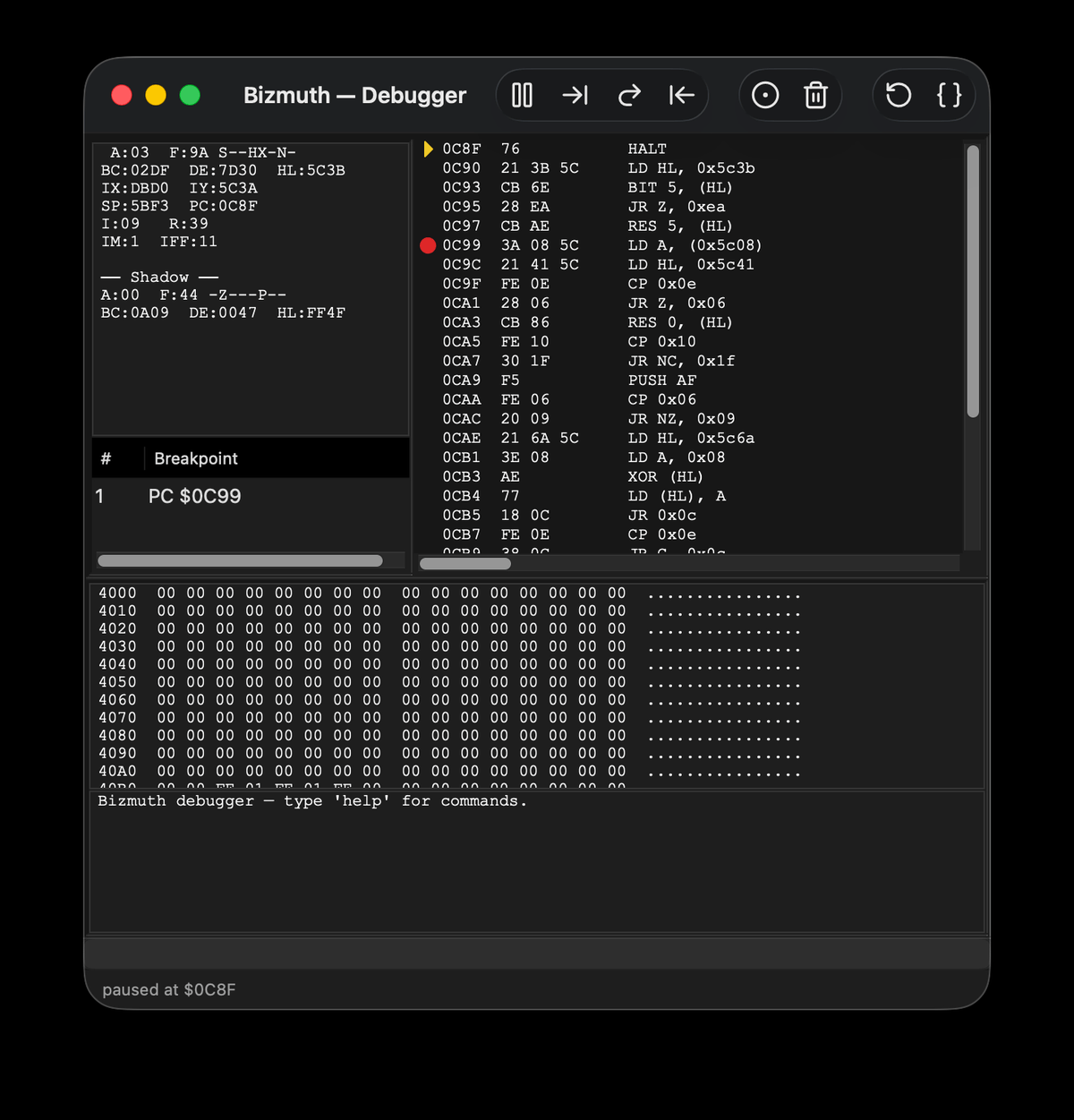 A breakpoint set — the red gutter dot and the breakpoint list