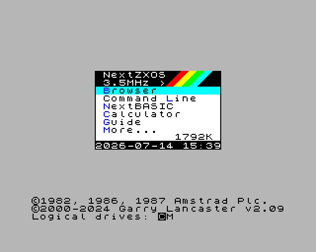 The NextZXOS menu on first boot