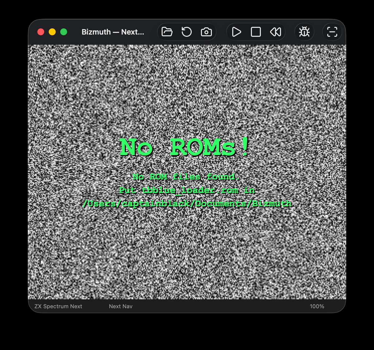 The No-ROMs screen, naming the ROM files Bizmuth needs