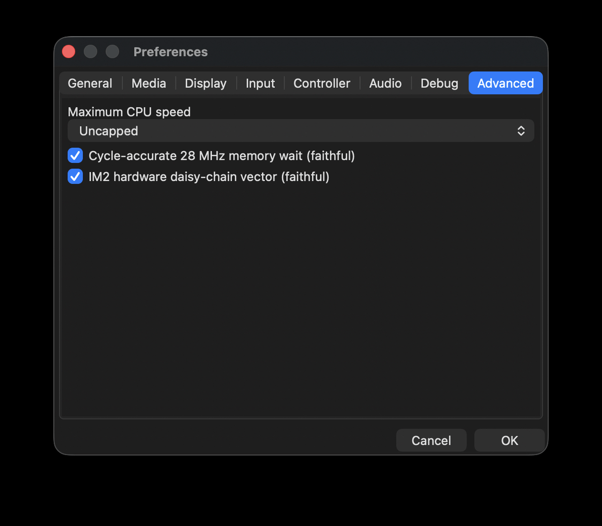 Preferences — Advanced tab
