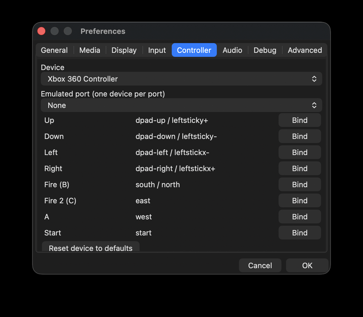 The Controller tab of the Preferences dialog — gamepad mapping